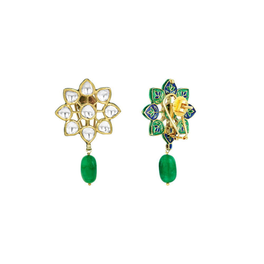 Floral Polki Earrings with Emerald Drops
